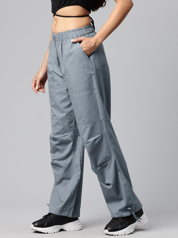 Grey Women Loose Fit High-Rise Cargos Trousers