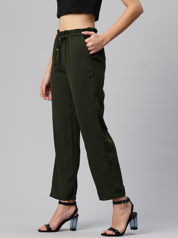 Green Textured High-Rise Trousers