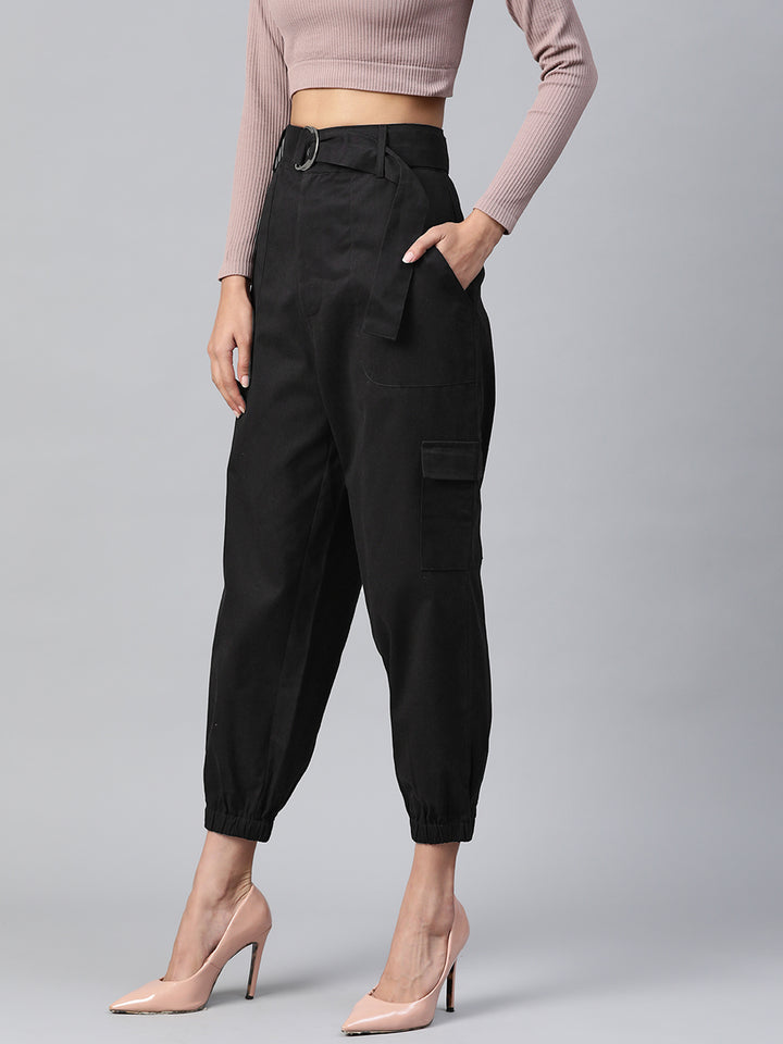 Women Black High-Rise Cargo Joggers with Belt