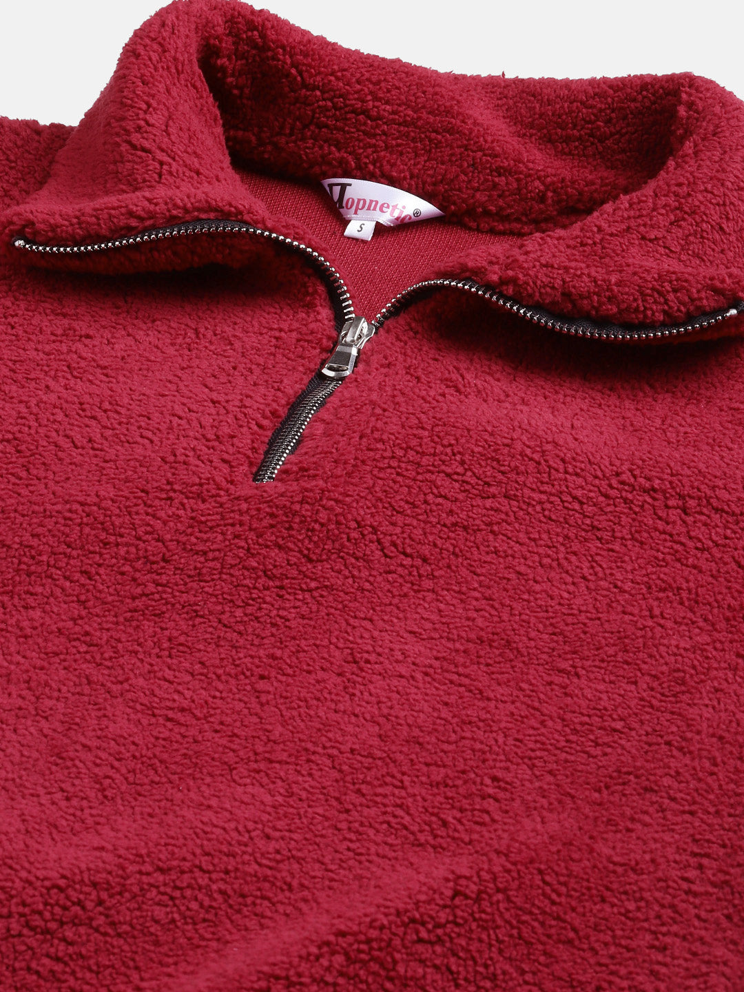 Women Maroon Faux Fur Sweatshirt, Half Zipper