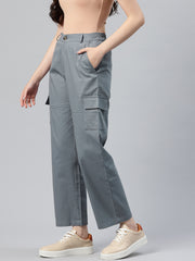 Grey Cotton High-Rise Cargos Trousers