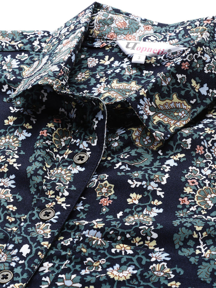 Navy Blue Floral Printed Casual Shirt