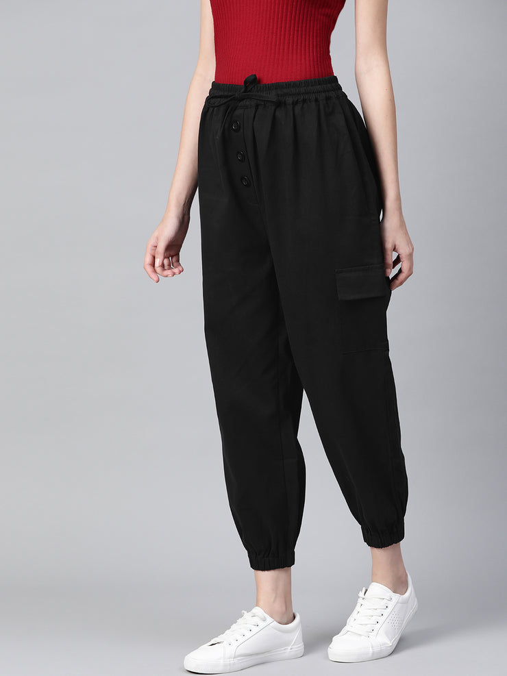 Women Black Cotton Cropped Joggers