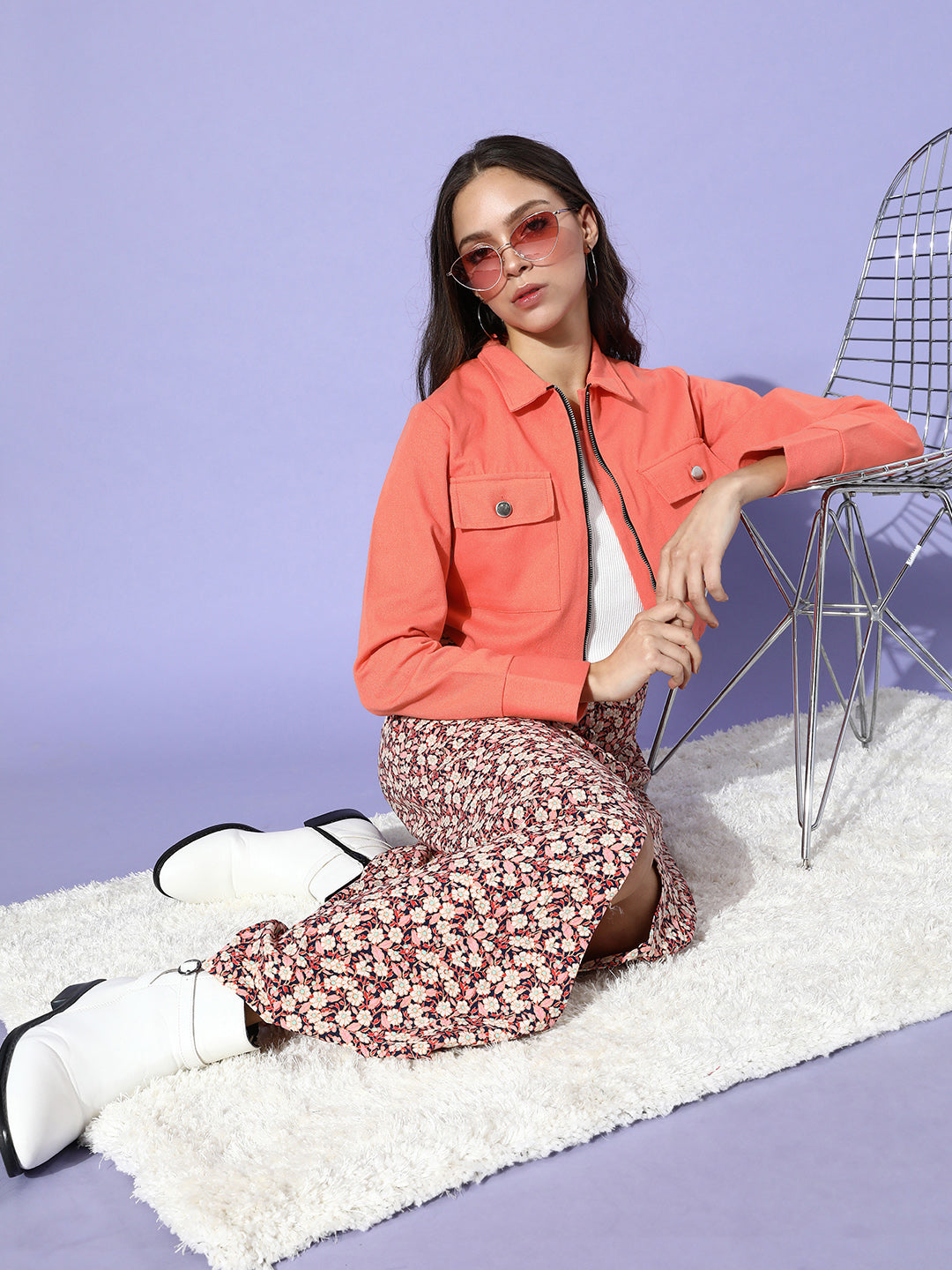 Attractive Peach Solid Pure Cotton Cropped Jacket