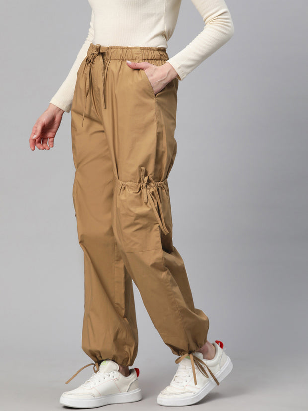 Taupe Loose Fit High-Rise Pure Cotton Parachute Cargo Trouser