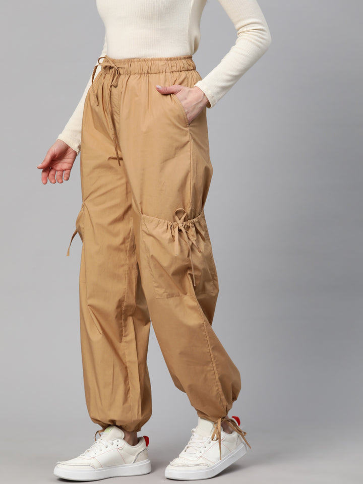 Camel Brown Loose Fit High-Rise Pure Cotton Parachute Cargo Trouser