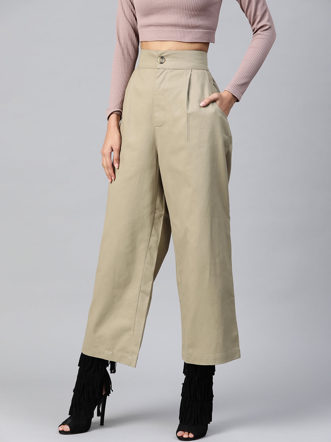 Women Beige High-Rise Parallel Trousers