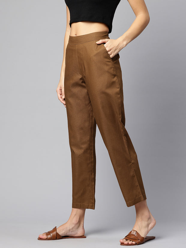 Brown Pure Cotton Peg Trousers