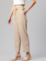 Beige Textured High-Rise Trousers