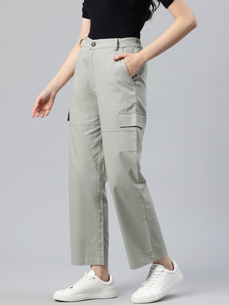 Grey Flat-Front High-Rise Pure Cotton Cargos