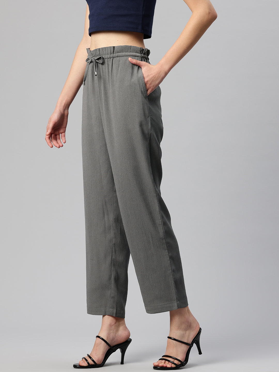 Grey Textured High-Rise Trousers