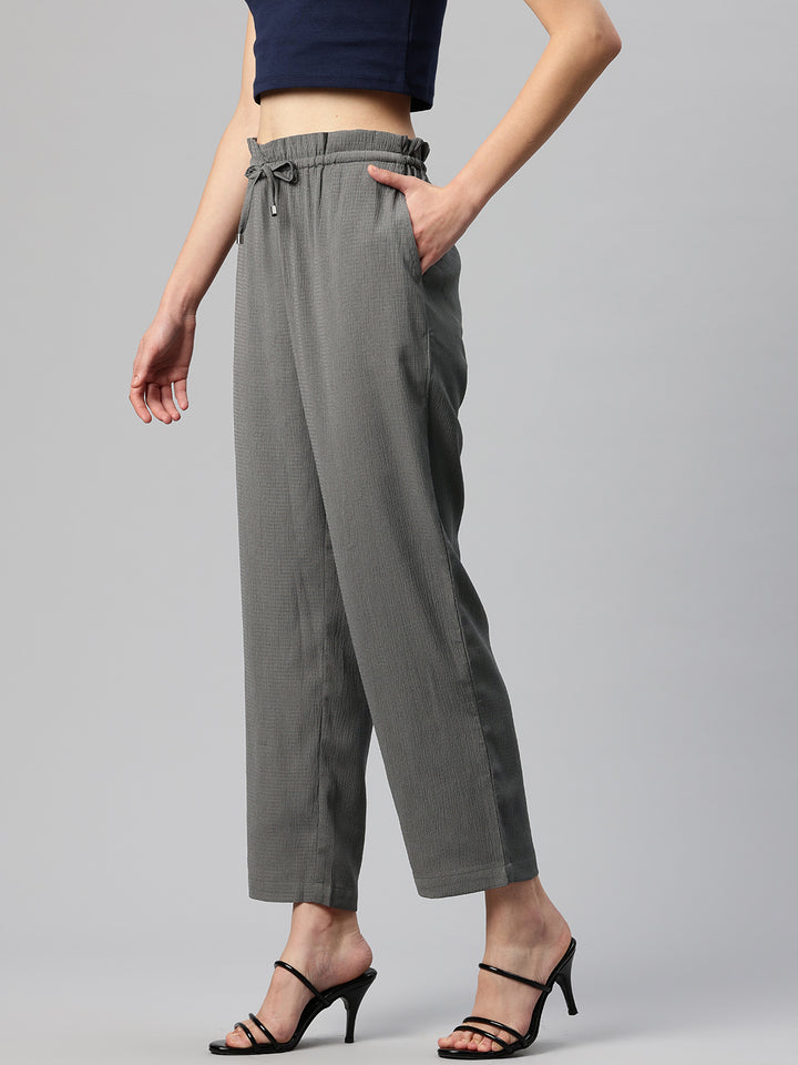 Grey Textured High-Rise Trousers