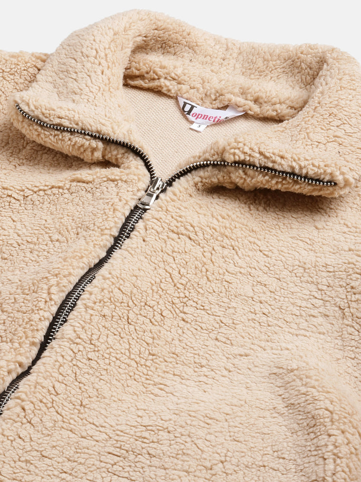 Woman Beige Faux-Fur Sweatshirt, Full Zipper