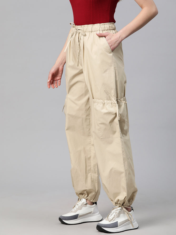 Beige Loose Fit High-Rise Pure Cotton Parachute Cargo Trouser