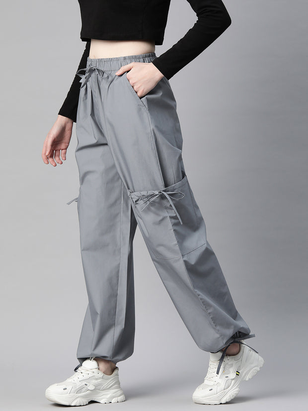 Grey Loose Fit High-Rise Pure Cotton Parachute Cargo Trouser