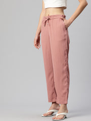 Pink Woven Textured High-Rise Trousers