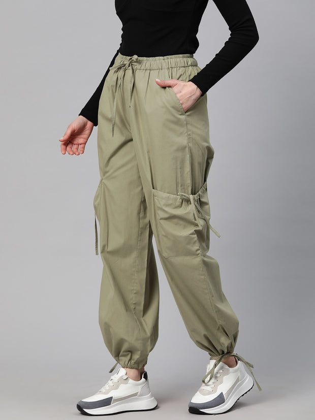 Green Loose Fit High-Rise Pure Cotton Parachute Cargo Trouser