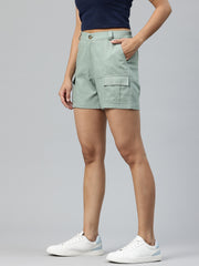 Sea Green High-Rise Pure Cotton Cargo Shorts