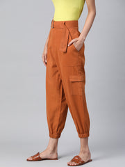 Women Rust Orange Cotton Cropped Cargo Joggers with Belt