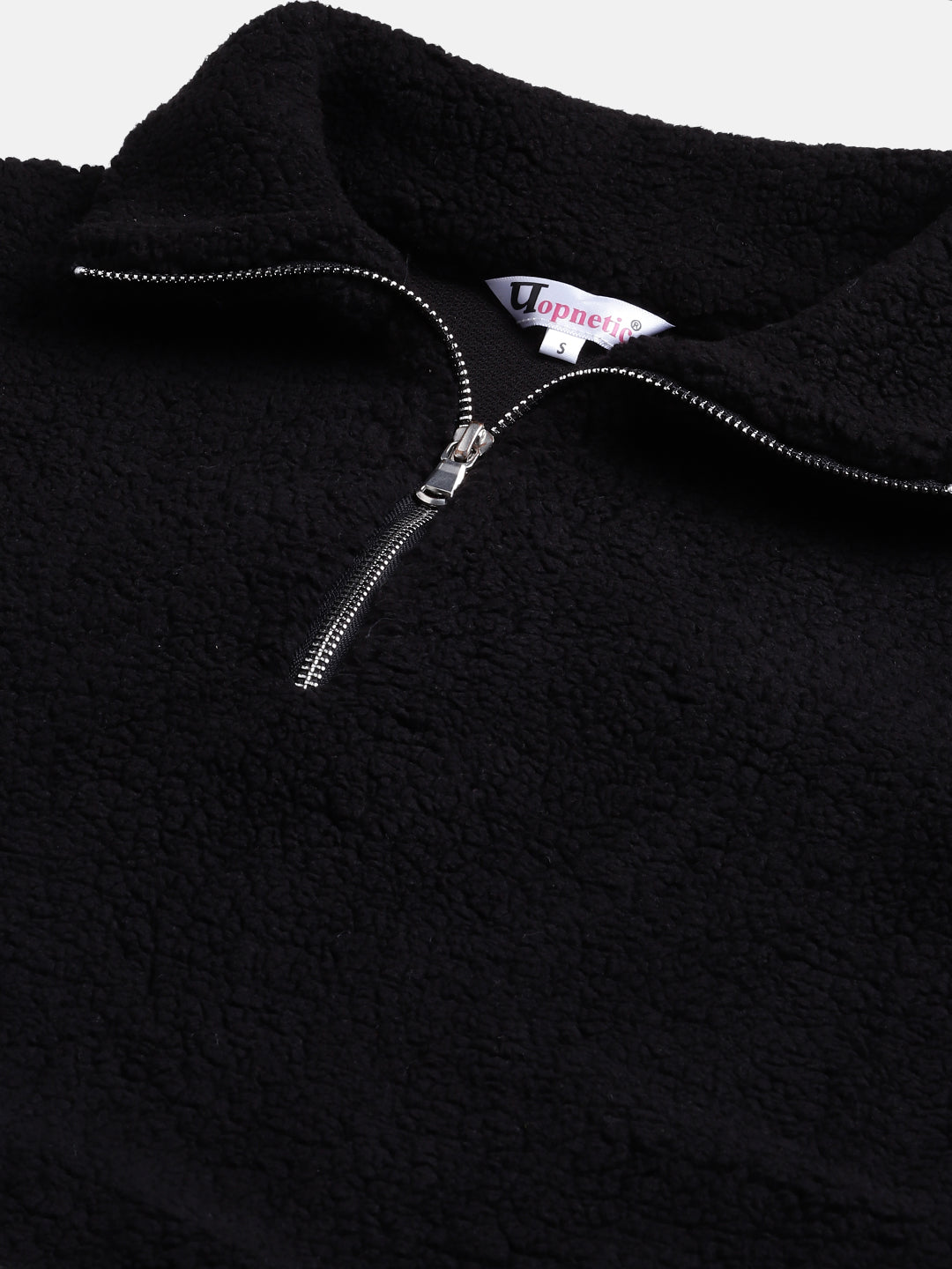 Women Black Faux Fur Sweatshirt, Half Zipper