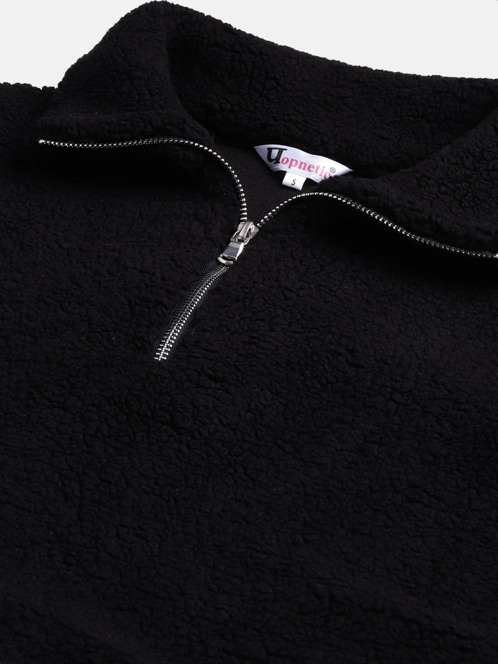 Women Black Faux Fur Sweatshirt, Half Zipper