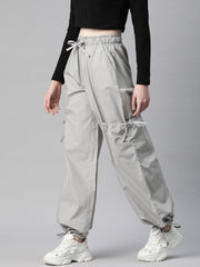 Grey Loose Fit High-Rise Pure Cotton Parachute Cargo Trouser