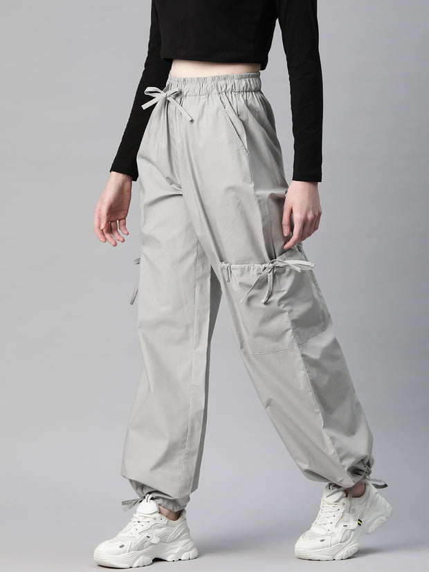 Grey Loose Fit High-Rise Pure Cotton Parachute Cargo Trouser