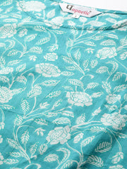 Sea Green Floral Printed Cotton A-Line Dress