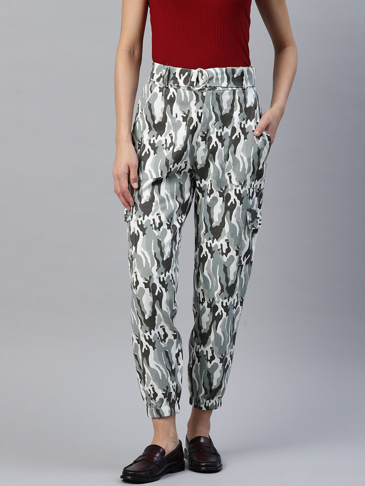 Grey Camouflage Printed Cargos Trousers with Belt