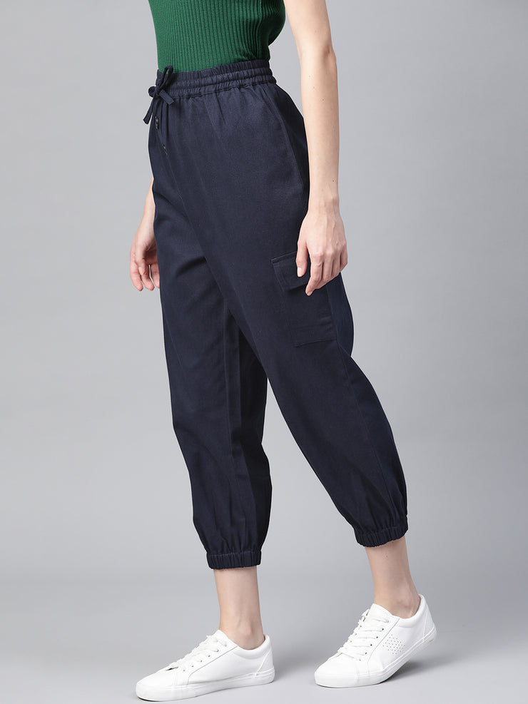 Women Blue Cotton Cropped Joggers