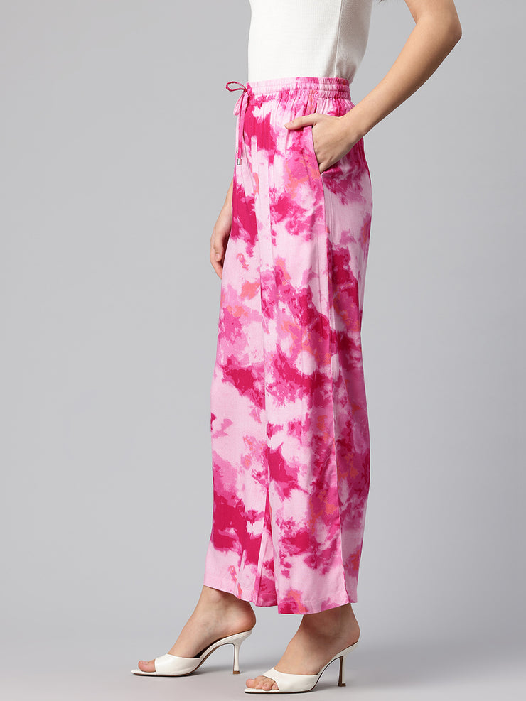 Pink Women Tie and Dye Printed Wide Leg High-Rise Trousers