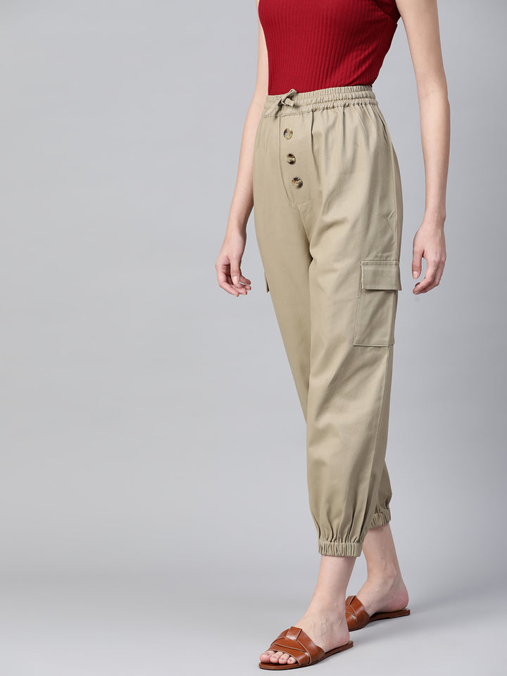 Women Beige Cotton Cropped Joggers