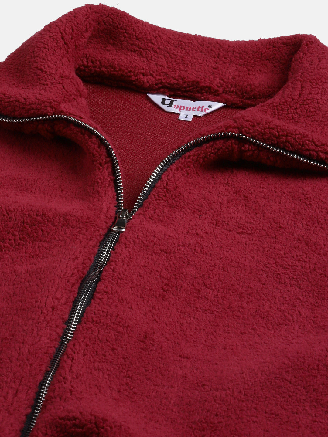 Woman Maroon Faux Fur Sweatshirt, Full Zipper