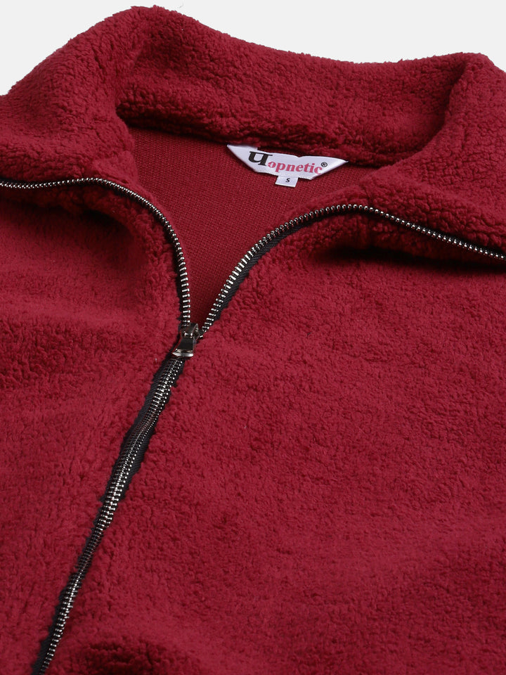 Woman Maroon Faux Fur Sweatshirt, Full Zipper