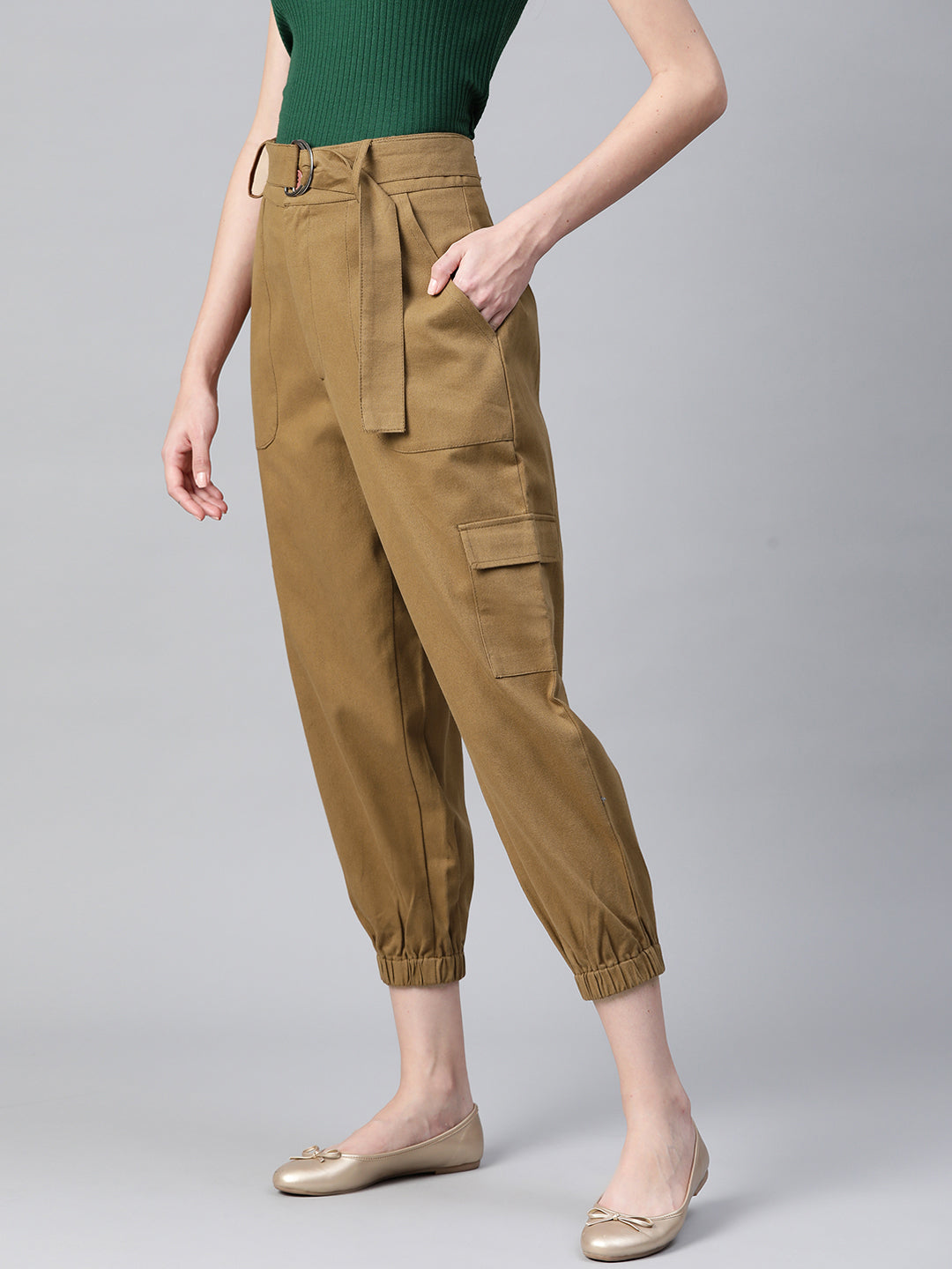 Women Khaki High-Rise Cargo Joggers with Belt