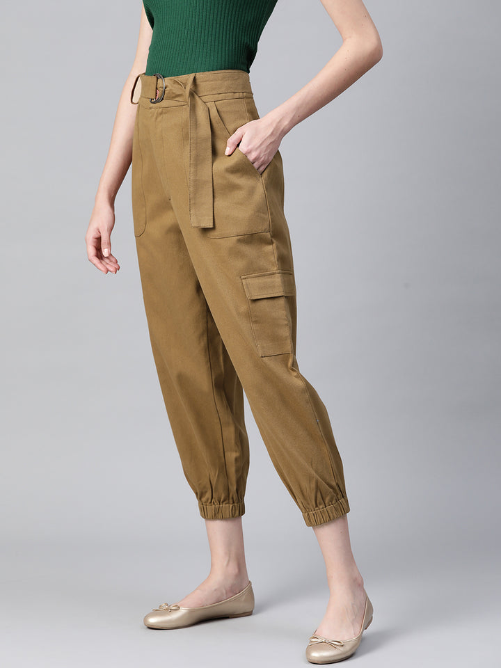 Women Khaki High-Rise Cargo Joggers with Belt
