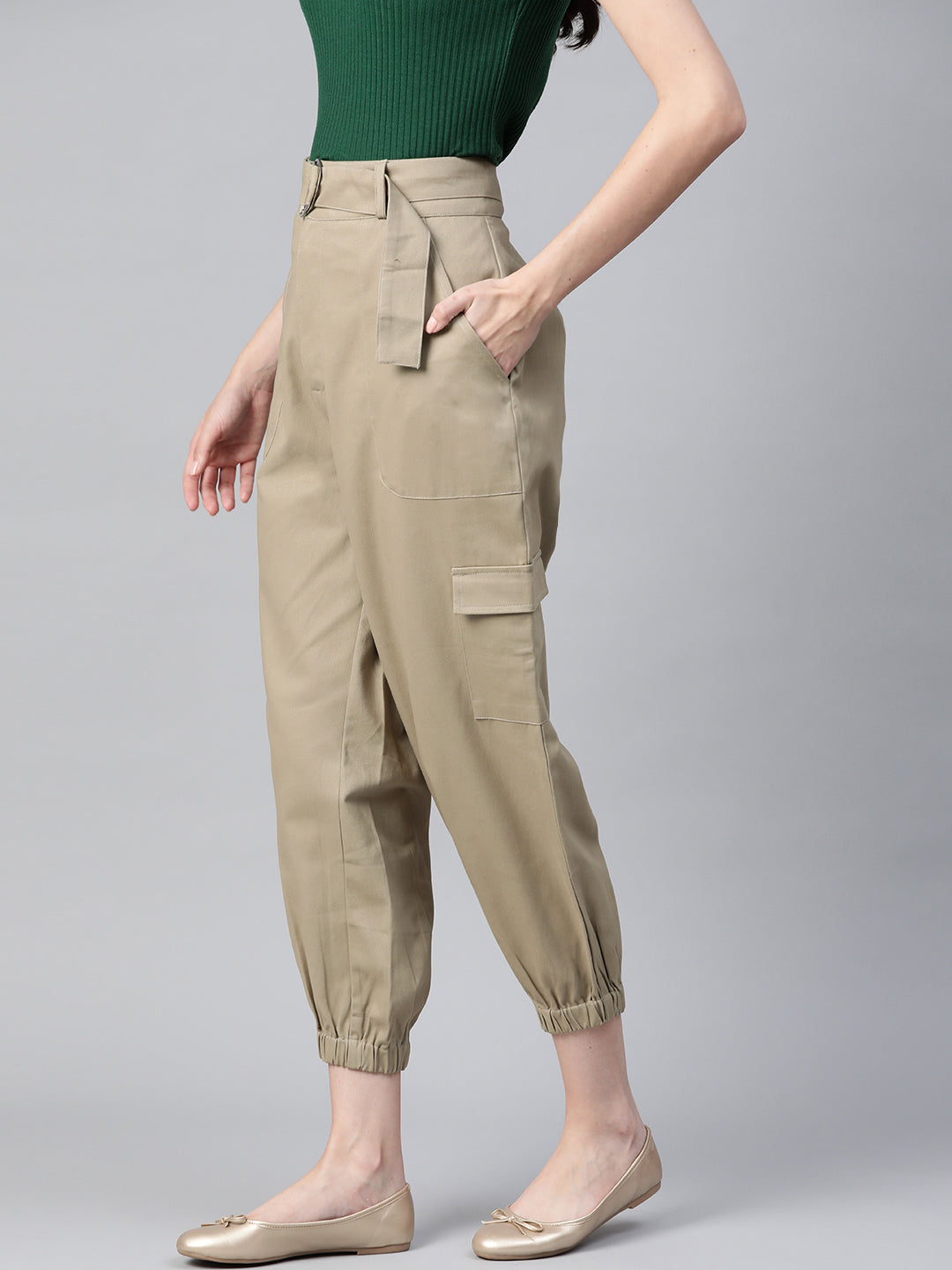 Women Beige High-Rise Cargo Joggers with Belt