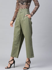 Women Olive Green Cotton Cropped Parallel Trousers