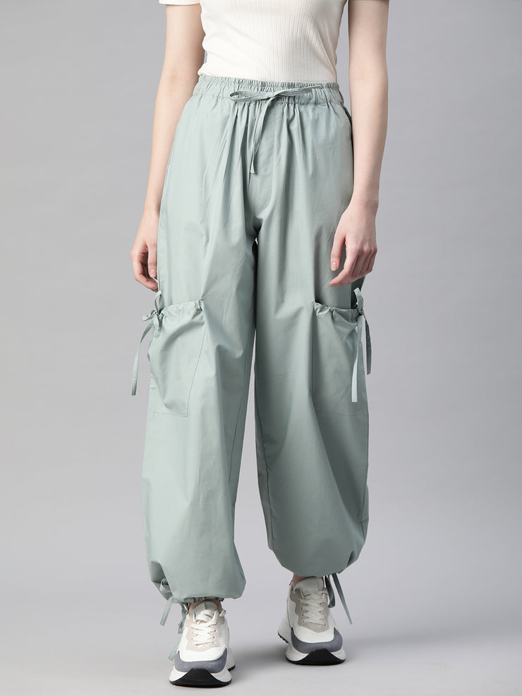 Sea Green Loose Fit High-Rise Pure Cotton Parachute Cargo Trouser