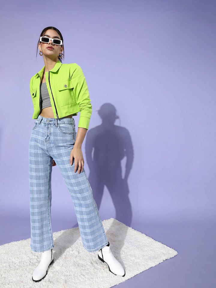 Women Attractive Fluorescent Green Solid Pure Cotton Denim Trucker Jacket