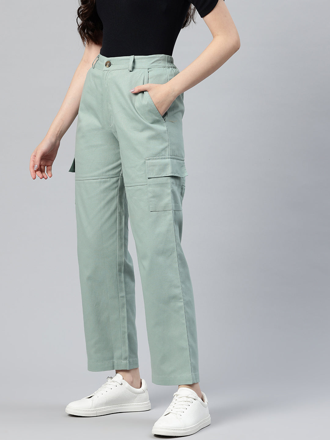 Sea Green Flat-Front High-Rise Pure Cotton Cargos