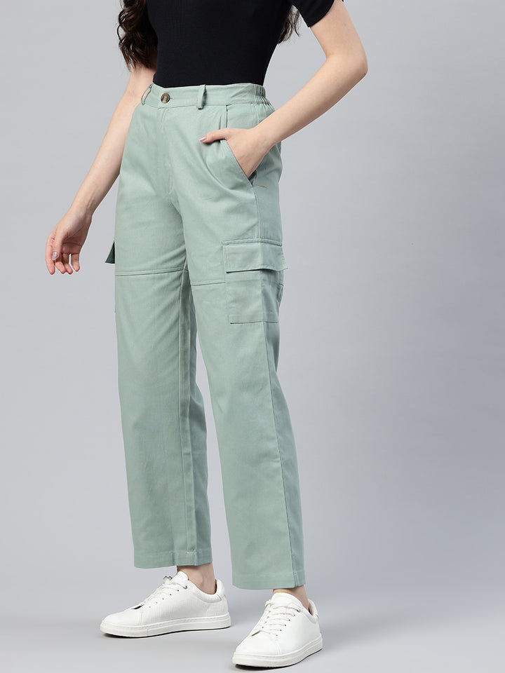 Sea Green Flat-Front High-Rise Pure Cotton Cargos