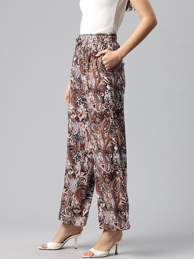 Brown Women Ethnic Motifs Printed Loose Fit High-Rise Trousers