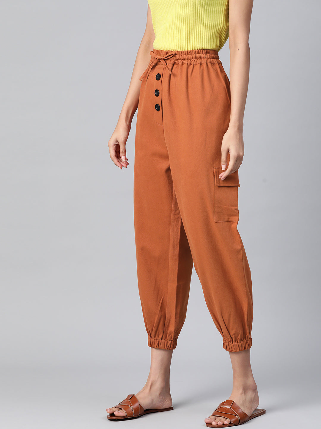 Women Rust Orange High-Rise Cargo Joggers
