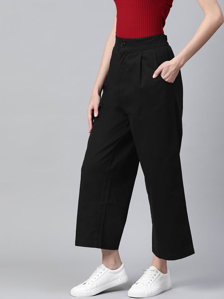 Women Black Cotton Cropped Parallel Trousers