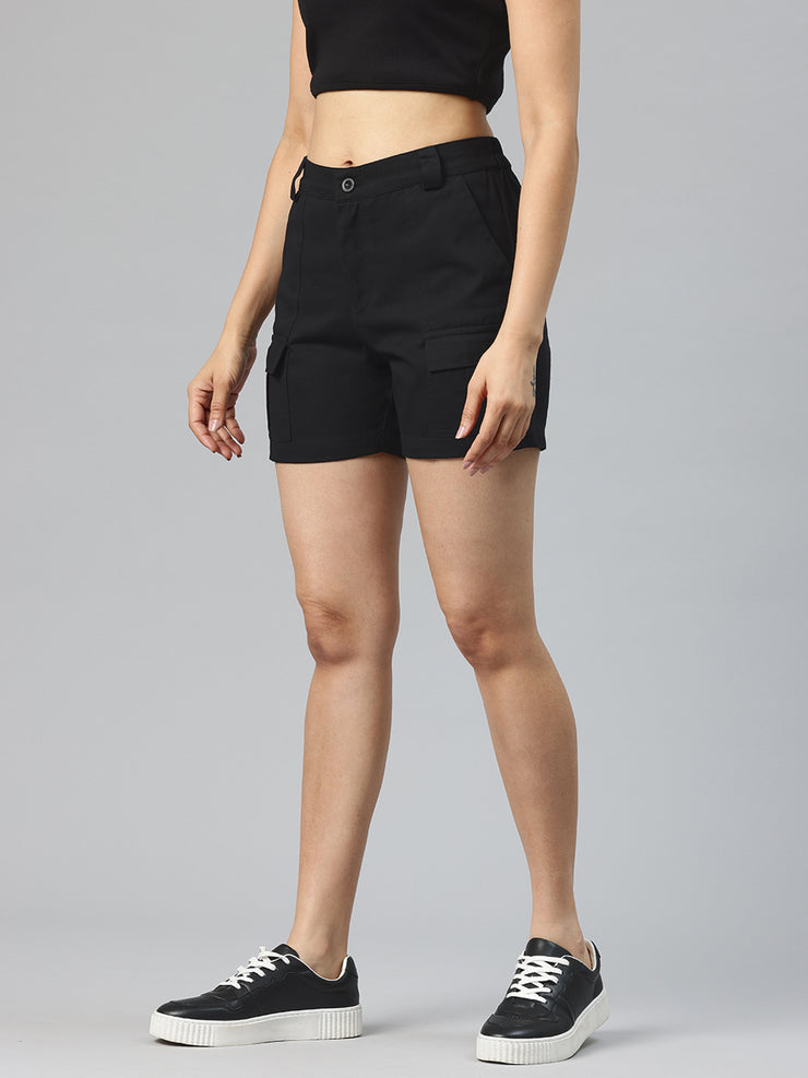 Black High-Rise Pure Cotton Cargo Shorts