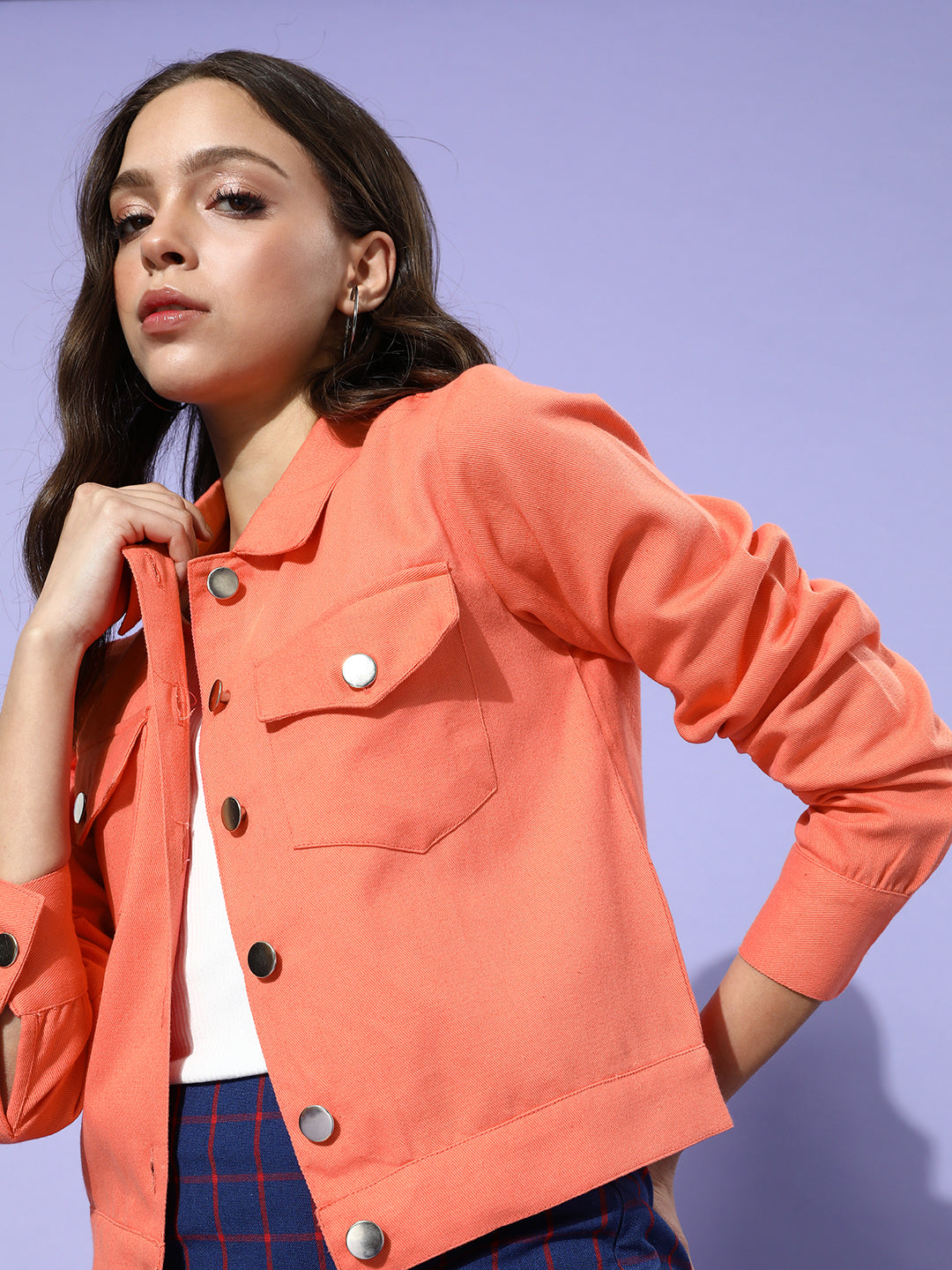 Attractive Peach Solid Pure Cotton Denim Trucker Jacket