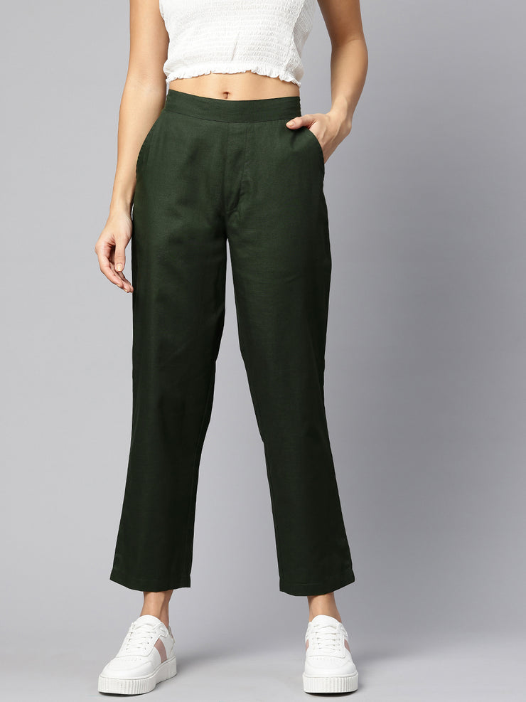 Olive Green Pure Cotton Peg Trousers