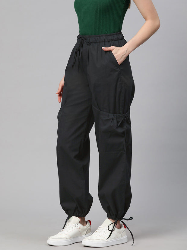 Black Loose Fit High-Rise Pure Cotton Parachute Cargo Trouser