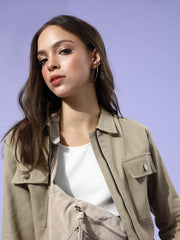Grey Solid Pure Cotton Cropped Jacket